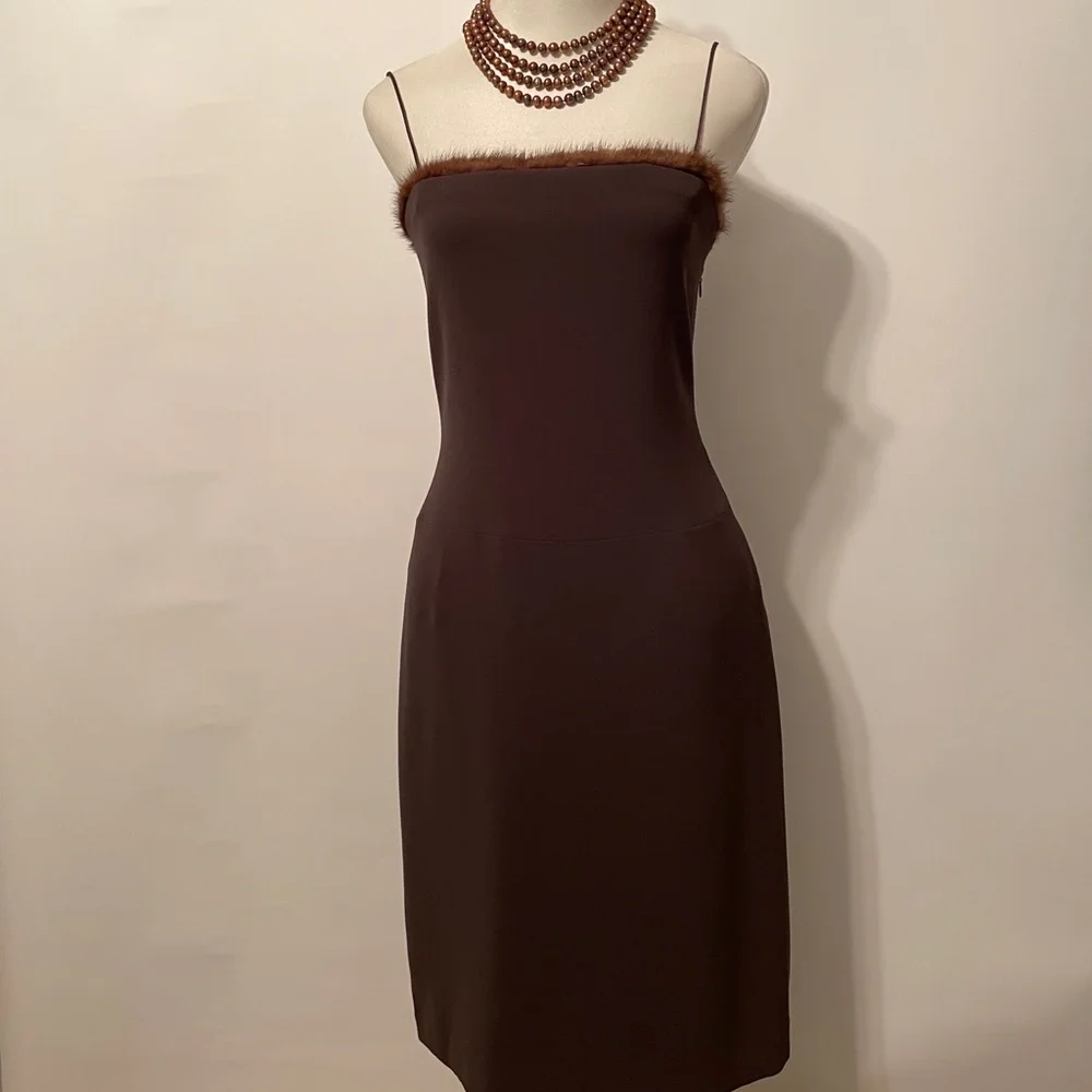 Tahari Striking Mink trimmed Spaghetti Strap Dress - Picture 2 of 13